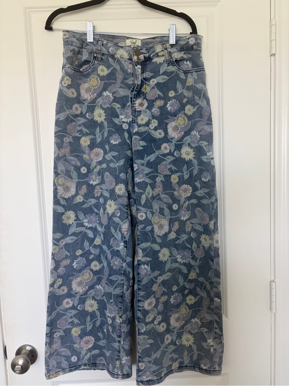 Three Bird Nest Floral Wide Leg Jeans in Blue with Pink & Yellow Accents